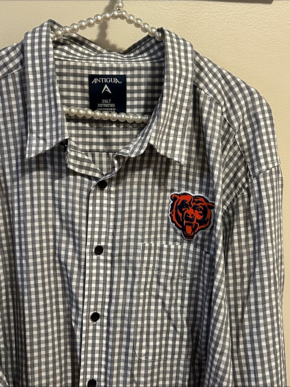 Antigua Chicago Bears Gingham Button Down Shirt 3XLT Big & Tall Gray Plaid